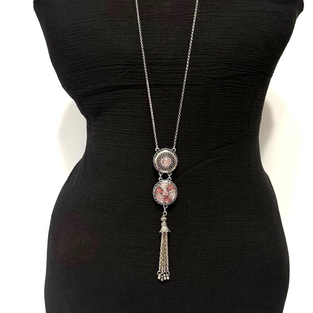 Pink Crystal Tassel Pendant Necklace 19.5” Drop Silver Tone